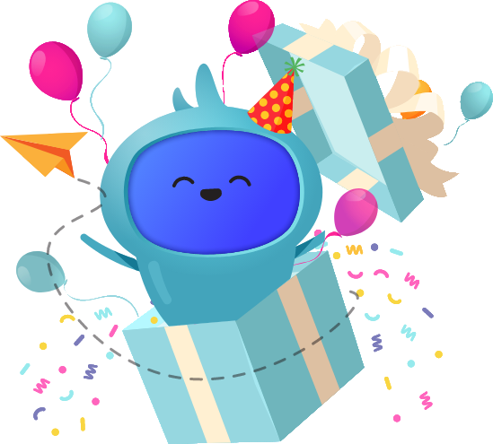 A character popping out of a gift box with confetti and balloons