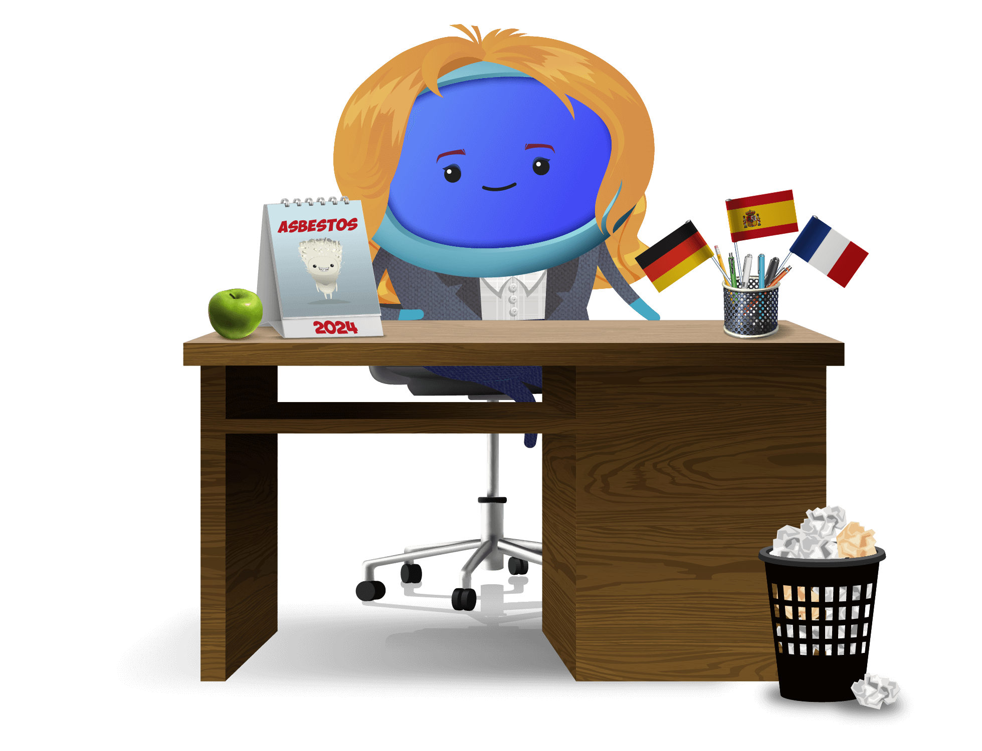 A character at an office desk