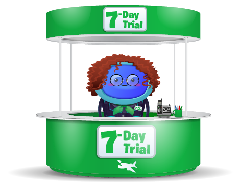 A character standing in a flight check-in desk that says 7-Day Trial